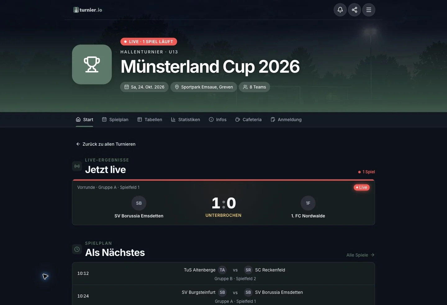 Screenshot der Turnierseite im Design Stadion: Kopfbereich und Live-Ergebnisse.